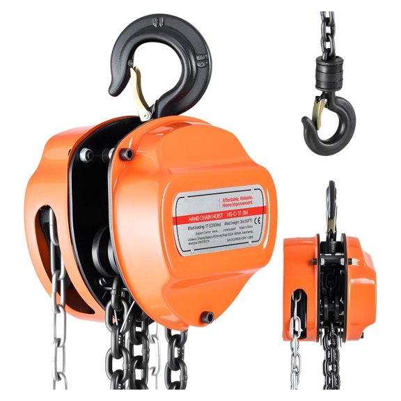 Hand Chain Hoist 1 Ton 2200 lbs Capacity Manual Chain Block G80 Galvanized Chain 10 ft Lifting Height Heavy Duty Pulley Hoist for Garage Warehouse Automotive Machinery Orange