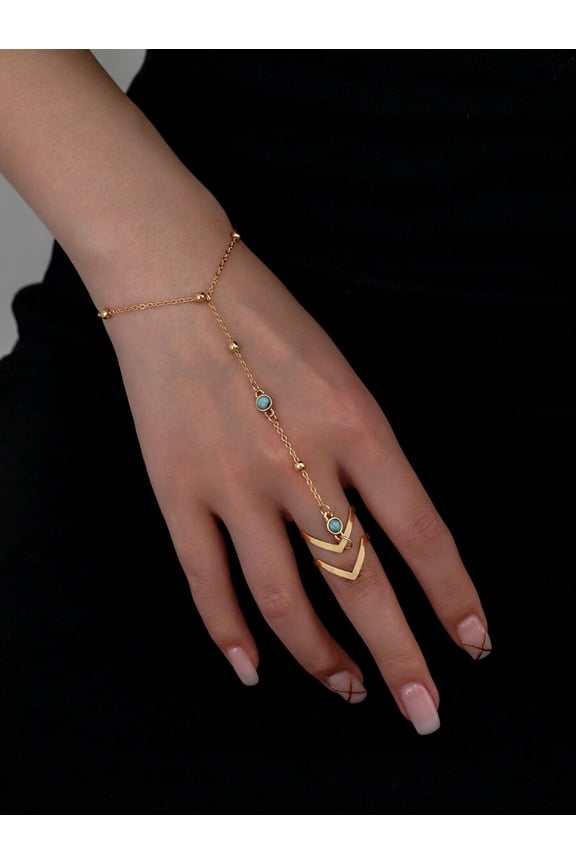 Hand Chain Ring Set with Beaded Chain and Gemstone Accents, Yellow Gold, 1 Pack