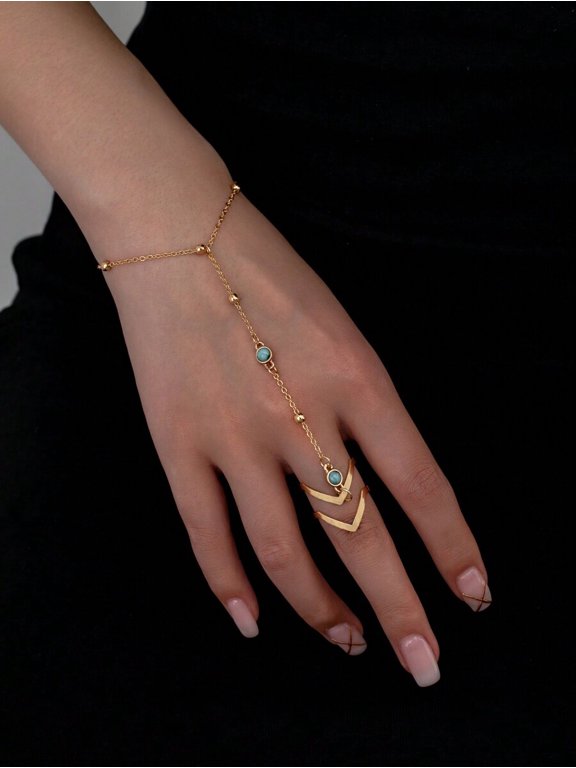Hand Chain Ring Set with Beaded Chain and Gemstone Accents, Yellow Gold, 1 Pack