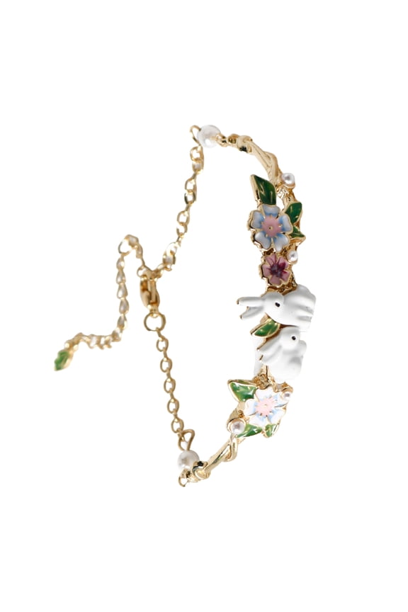 Hand Chain with Rabbits and Flower Pendant Adjustable Wristchain Stylish Women Accessory for Daily Wear