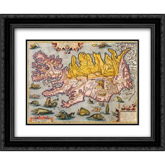 Hand Colored Map Of Iceland 2x Matted 18x15 Black Ornate Framed Art Print by Abraham Ortelius