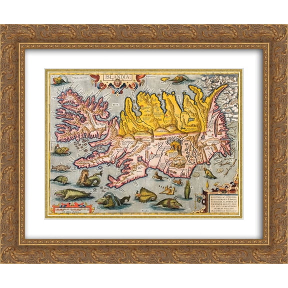 Hand Colored Map Of Iceland 2x Matted 18x15 Gold Ornate Framed Art Print by Abraham Ortelius