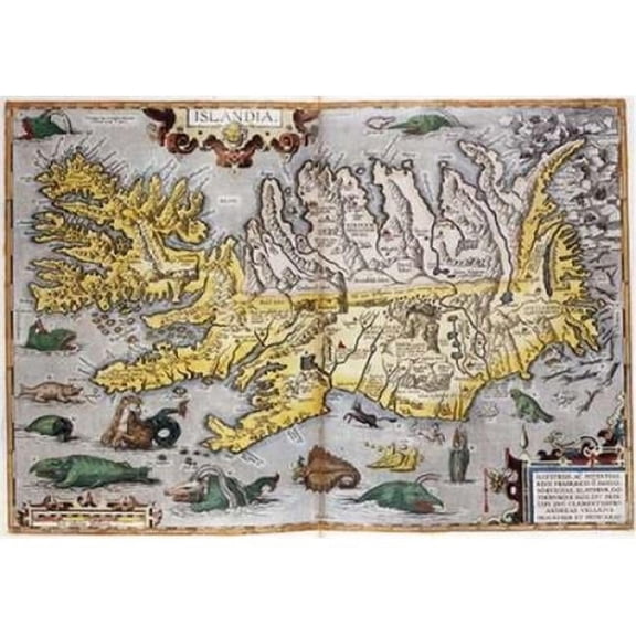 Hand Colored Map of Iceland Poster Print by Abraham Ortelius - 10 x 14 - Small