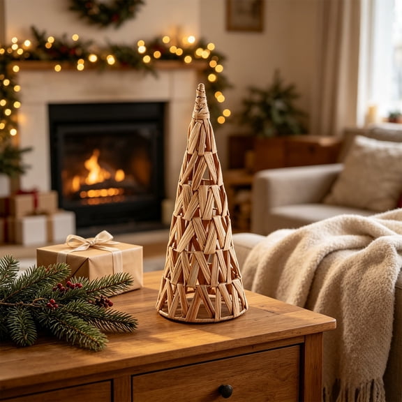 Hand Craft Woven Straw Christmas Tree Desk Decorations, 16.14 Inch Rustic Natural Cattail Handmade Rattan Xmas Tree with Stable Flat Base for Farmhouse Boho Home Mantel Shelf Holiday Party Decor