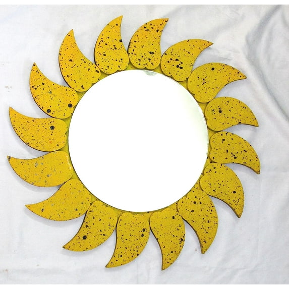 Hand Crafted Antique Wooden Yellow Black Spotted Leaves Border Decorative Wall Mounting Mirror - 17 inch | Premium Wall Decor Accents | Hind Handicrafts (Mango Wood) (Round)