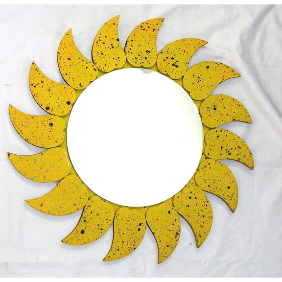 Hand Crafted Antique Wooden Yellow Black Spotted Leaves Border Decorative Wall Mounting Mirror - 17 inch | Premium Wall Decor Accents | Hind Handicrafts (Mango Wood) (Round)