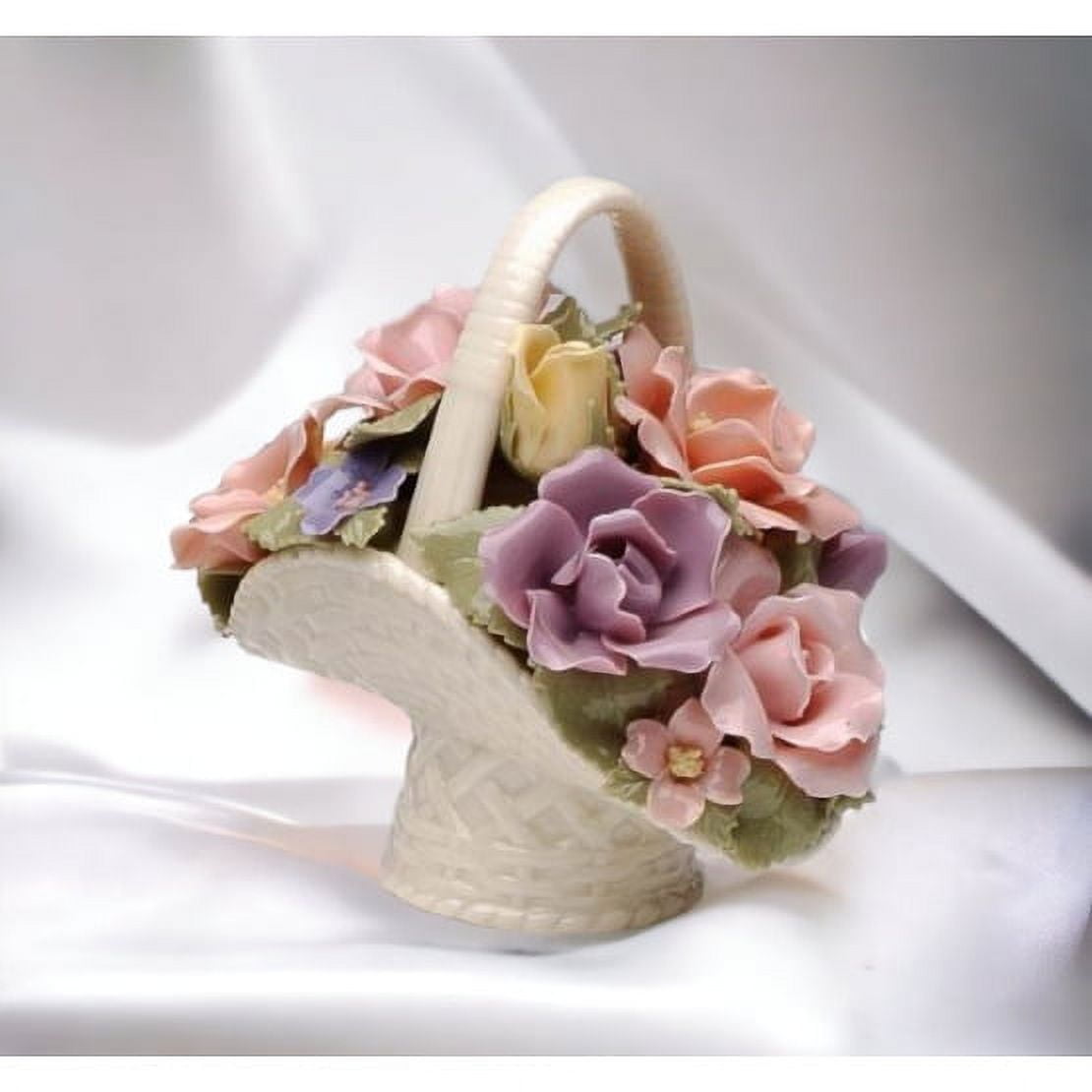 Handcrafted Ceramic Floral Basket Figurine with Pastel Roses