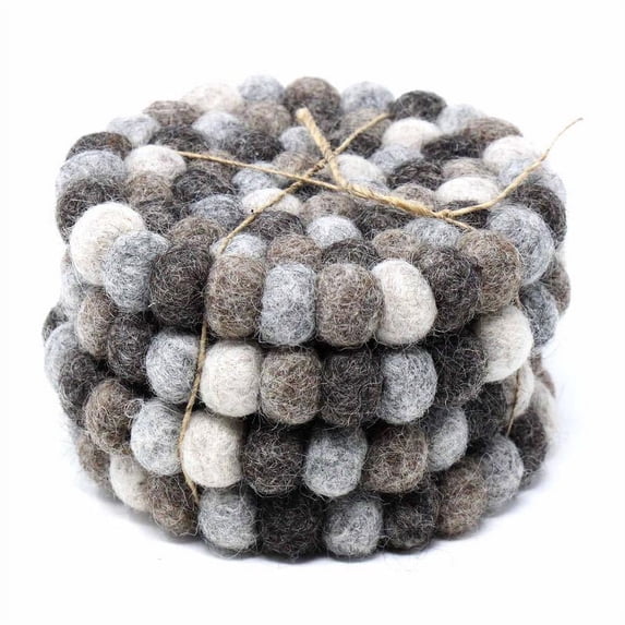 Hand Crafted Felt Ball Coasters from Nepal 4-pack, Multicolor Greys