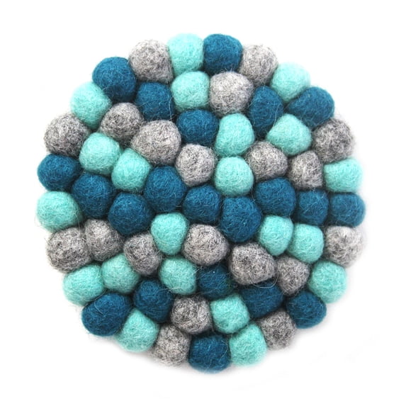 Hand Crafted Felt Ball Trivets from Nepal Round Chakra, Light Blues