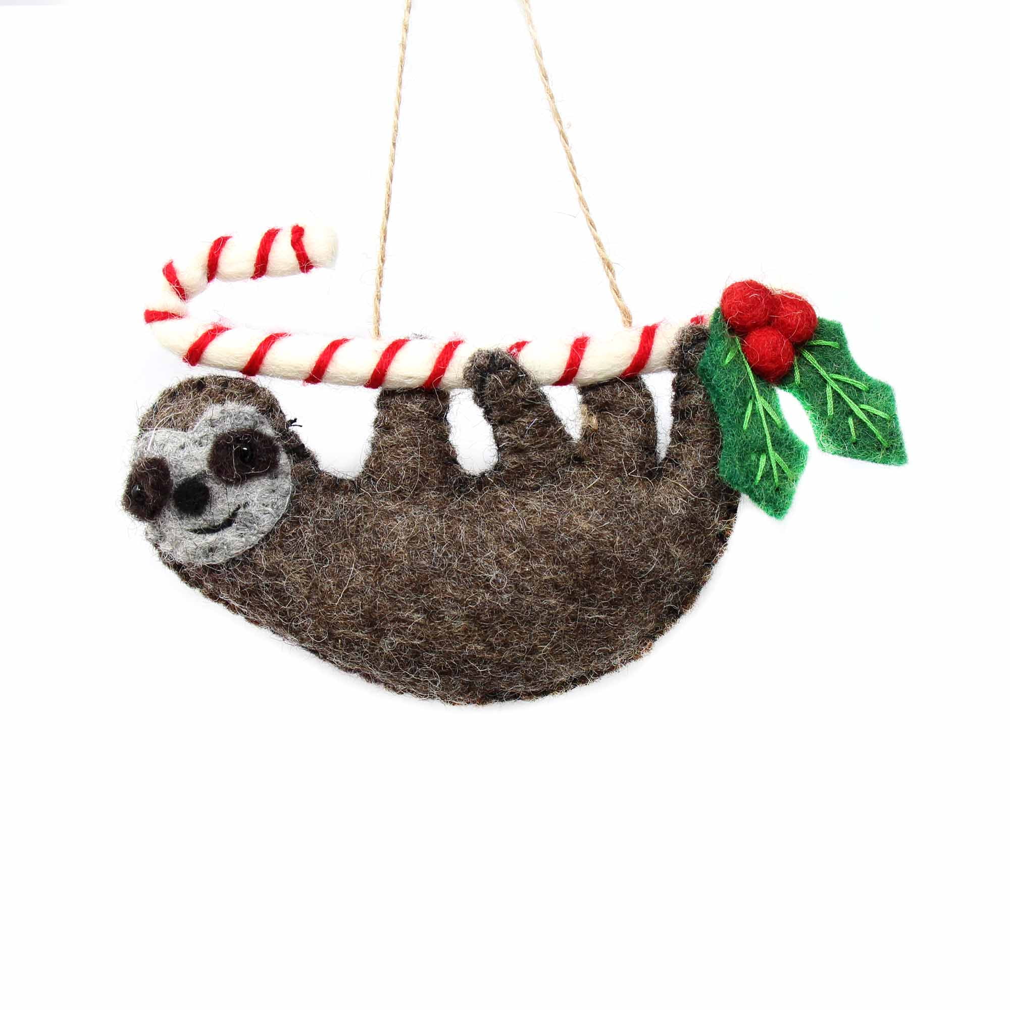 Sloth Cane Hand Crafted Felt from Nepal Ornament Candy Cane Sloth Global Groove H ...