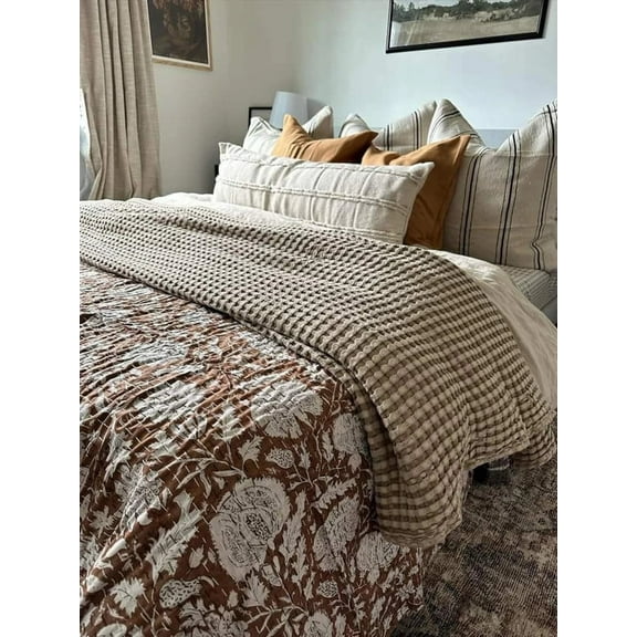 Hand Crafted Kantha Cotton Quilt Brown and White Floral Hand Block Print Throw Blanket Bedding Bedspread Mothers Day Gift
