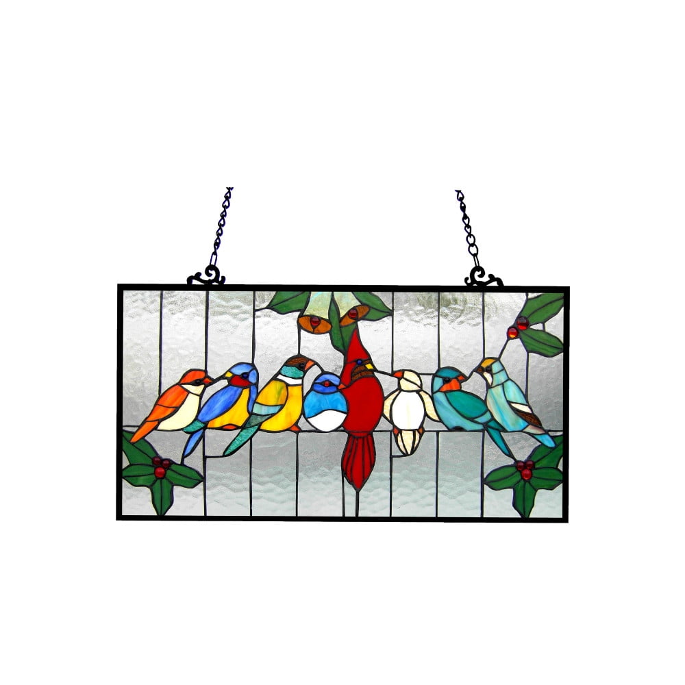 Handcrafted Multicolor Stained Glass Birds Window Panel 24.5" x 12.5"