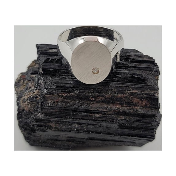 Hand Crafted Vintage Mens Signet Ring with Solitaire Diamond in 18K White Gold