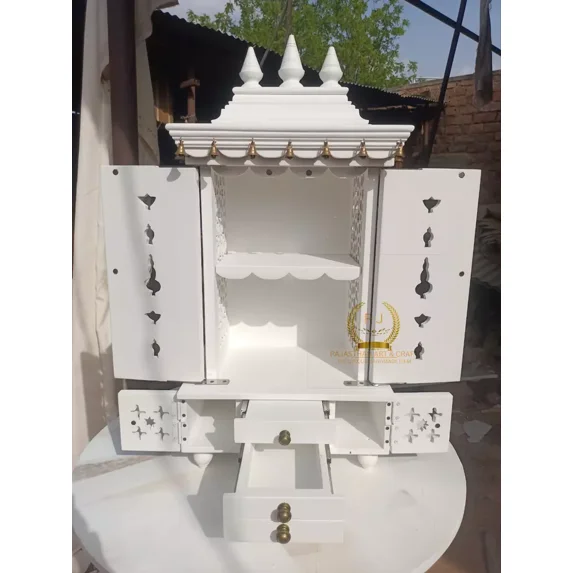 Hand Crafted Wooden Temple Full White Color beautiful temple smooth opening Drawer and Shelf