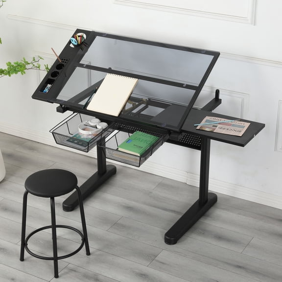 Hand Crank Adjustable Drafting Table,Drawing Desk with 2 Metal Drawers with Stool,Tabletop Can Be Tilted,Convenient Height Adjustment System,Angle Adjustment