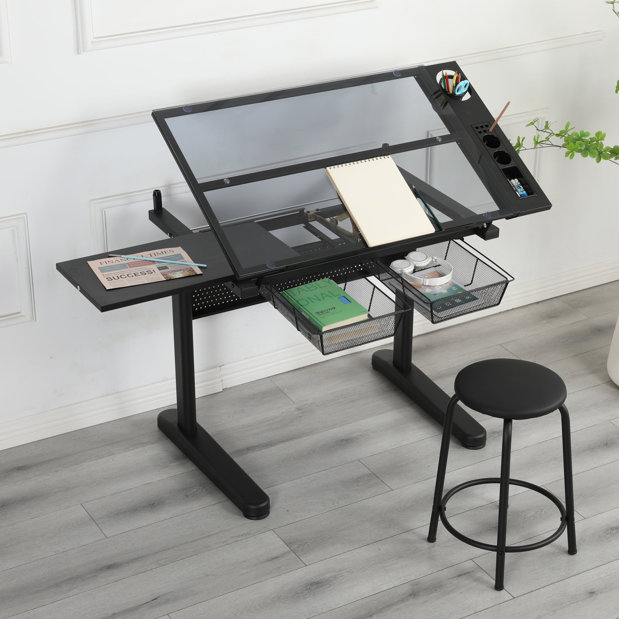 Hand Crank Adjustable Drafting Table Drawing Desk With 2 Metal Drawers, With Stool