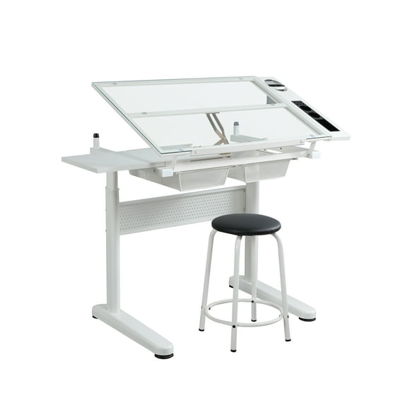 Hand Crank Adjustable Drafting Table Drawing Desk With 2 Metal Drawers