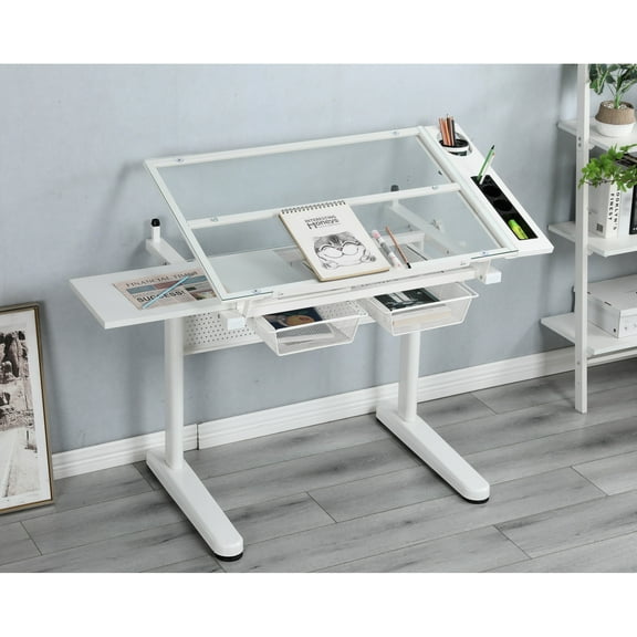 Hand Crank Adjustable Table With E0 Grade Side Desktop - White Work Crank, Metal Drawers, Stool