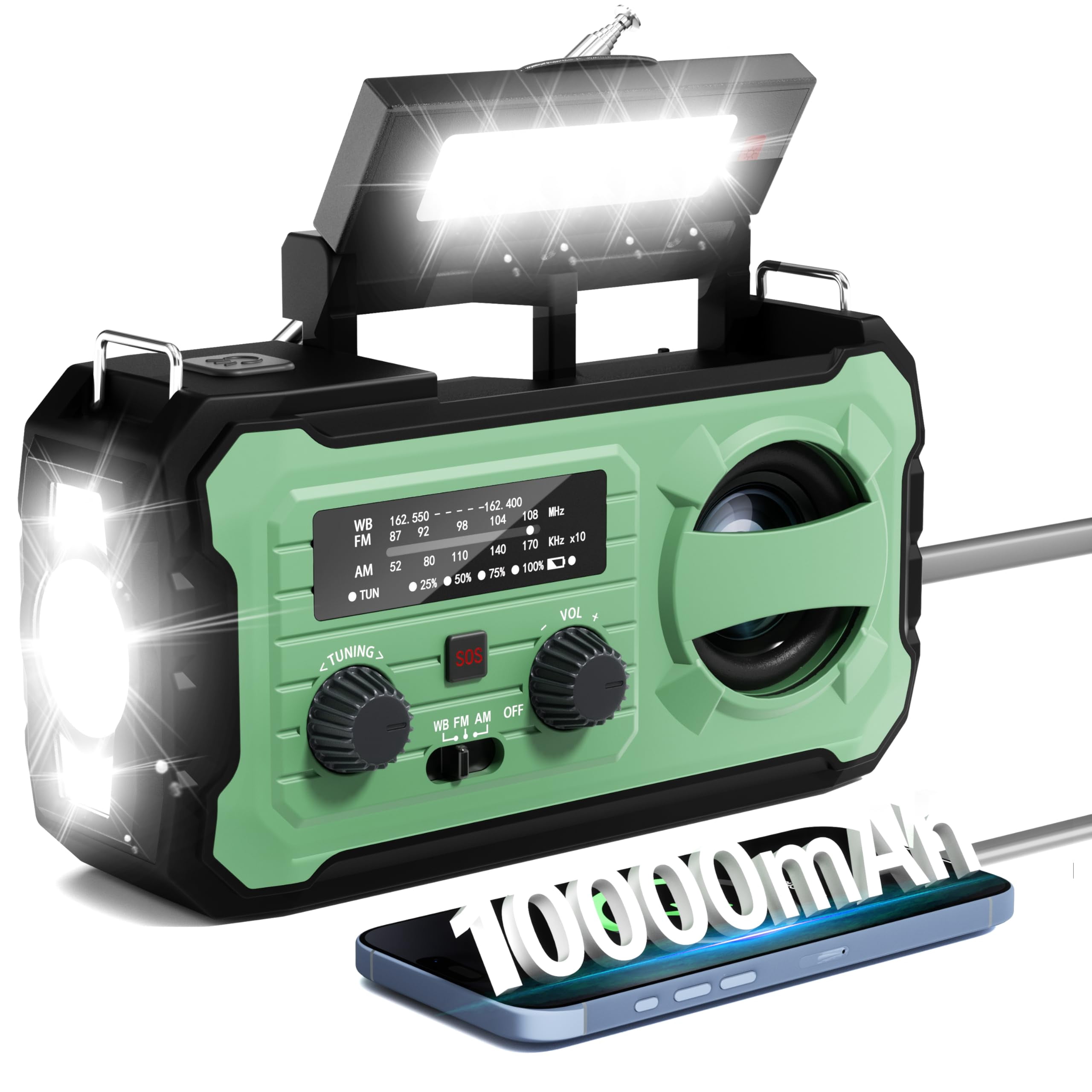 Hand Crank Emergency Radio  10000mah Weather With Am/fm/noaa Solar Prower Sos Alarm Phone Charging Led Flashlight Portable Gear For Outdoor & Home Emergencies Kits Light Green