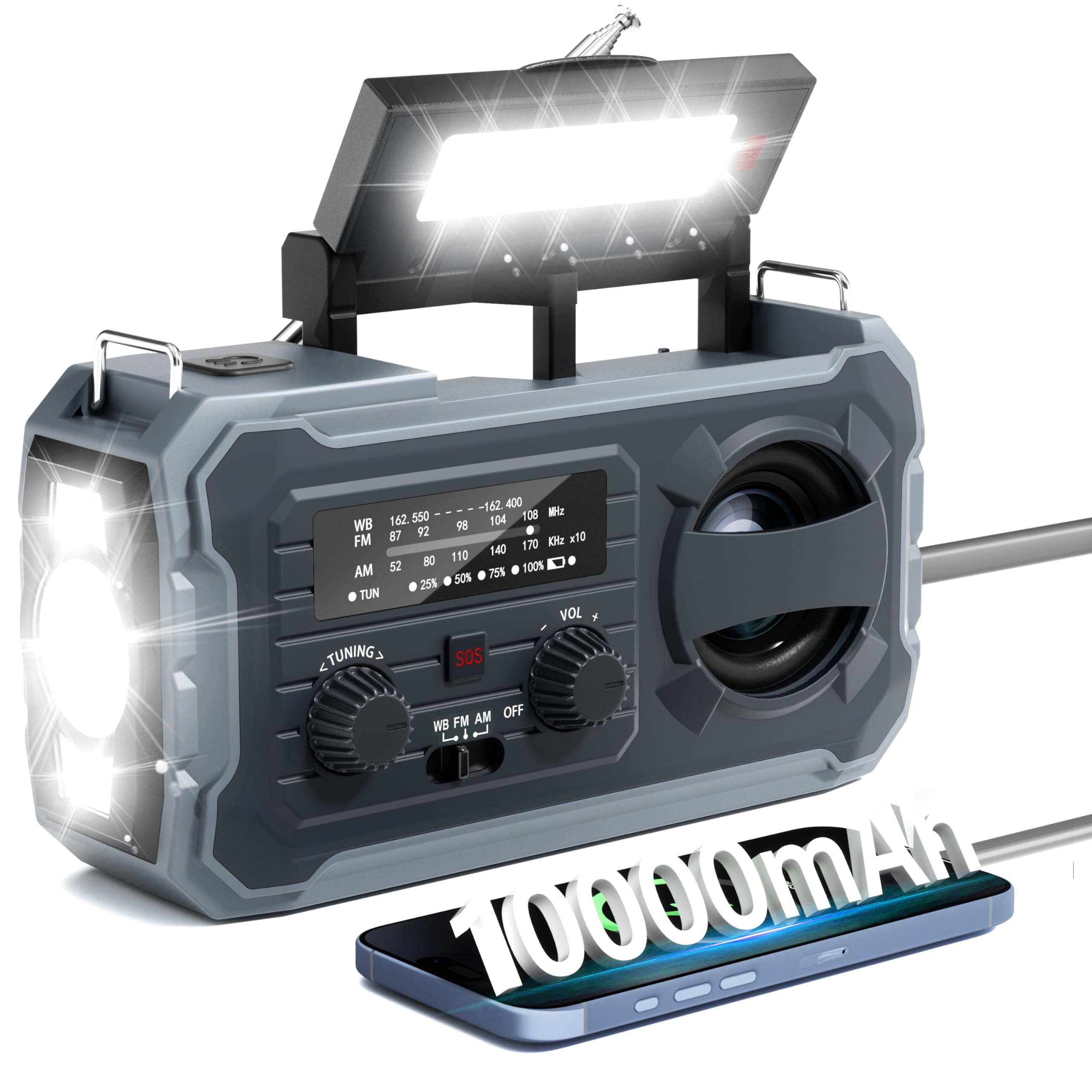 Hand Crank Emergency Radio  10000mah Weather With Am/fm/noaa Solar Prower Sos Alarm Phone Charging Led Flashlight Portable Gear For Outdoor & Home Emergencies Kits Grey