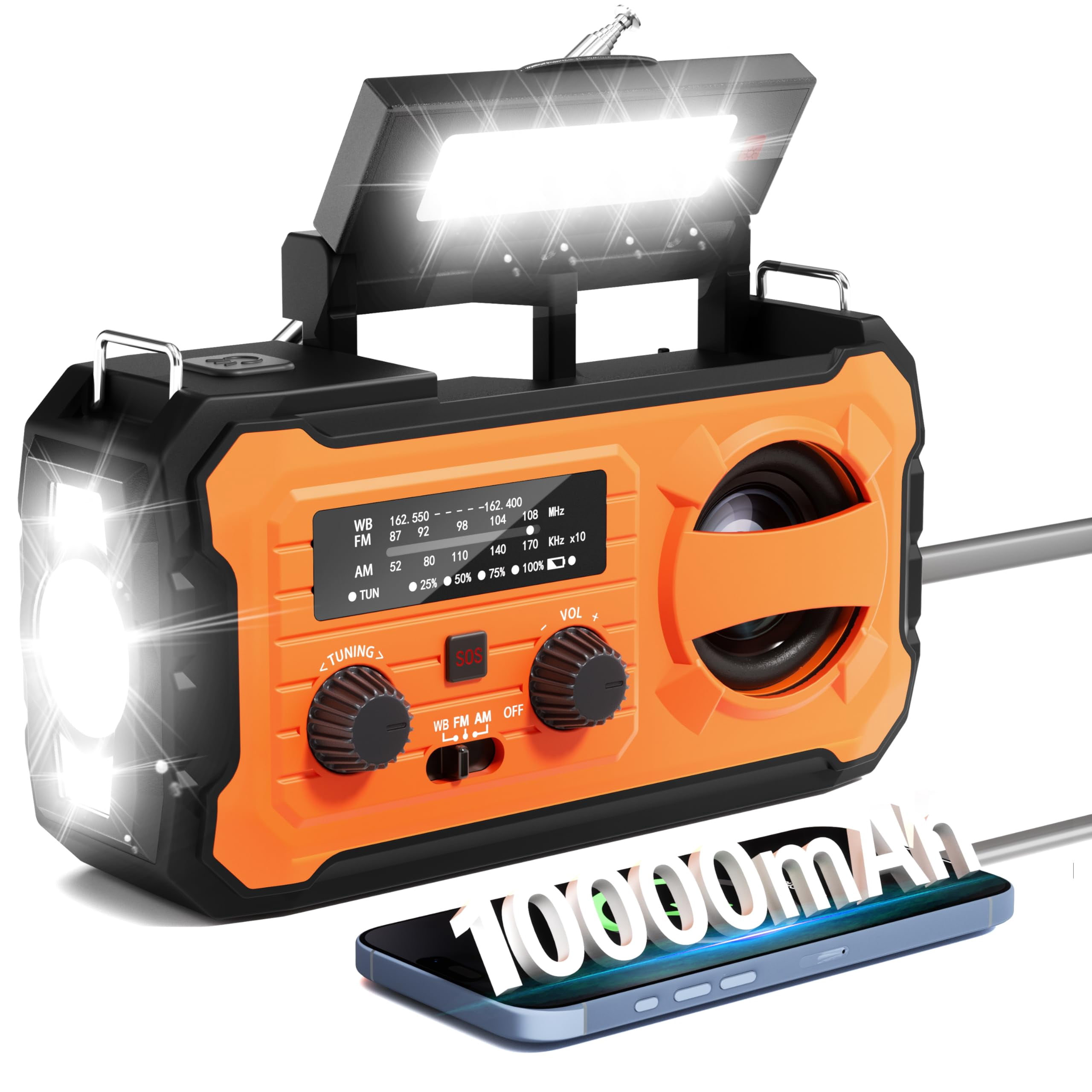 Hand Crank Emergency Radio  10000mah Weather With Am/fm/noaa Solar Prower Sos Alarm Phone Charging Led Flashlight Portable Gear For Outdoor & Home Emergencies Kits Orange