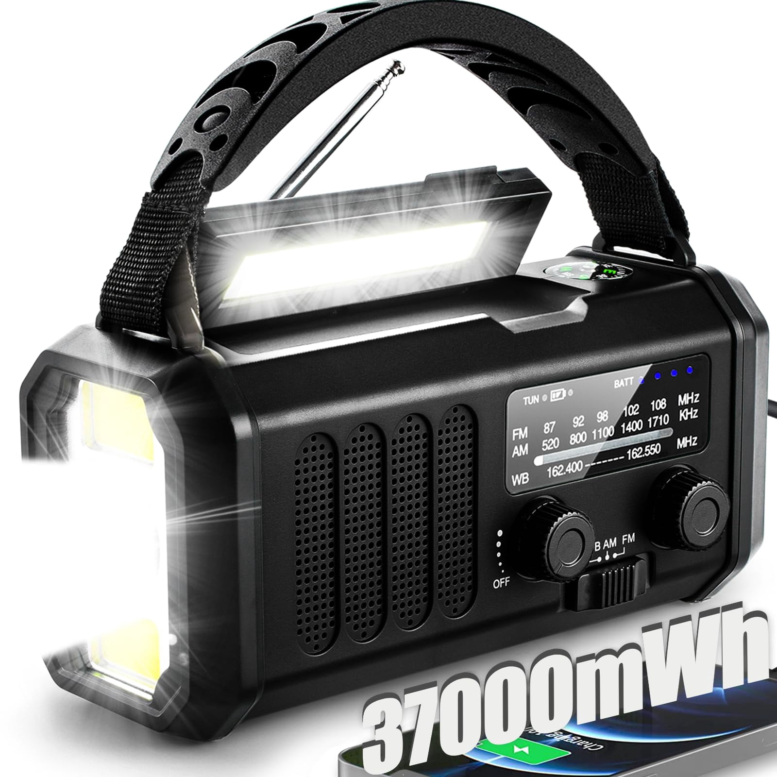 Hand Crank Emergency Radio 37000mwh Solar Portable Noaa Am Fm Weather With 3mode Flashlight And Reading Light Cell Phone Home Distress Signal (black)