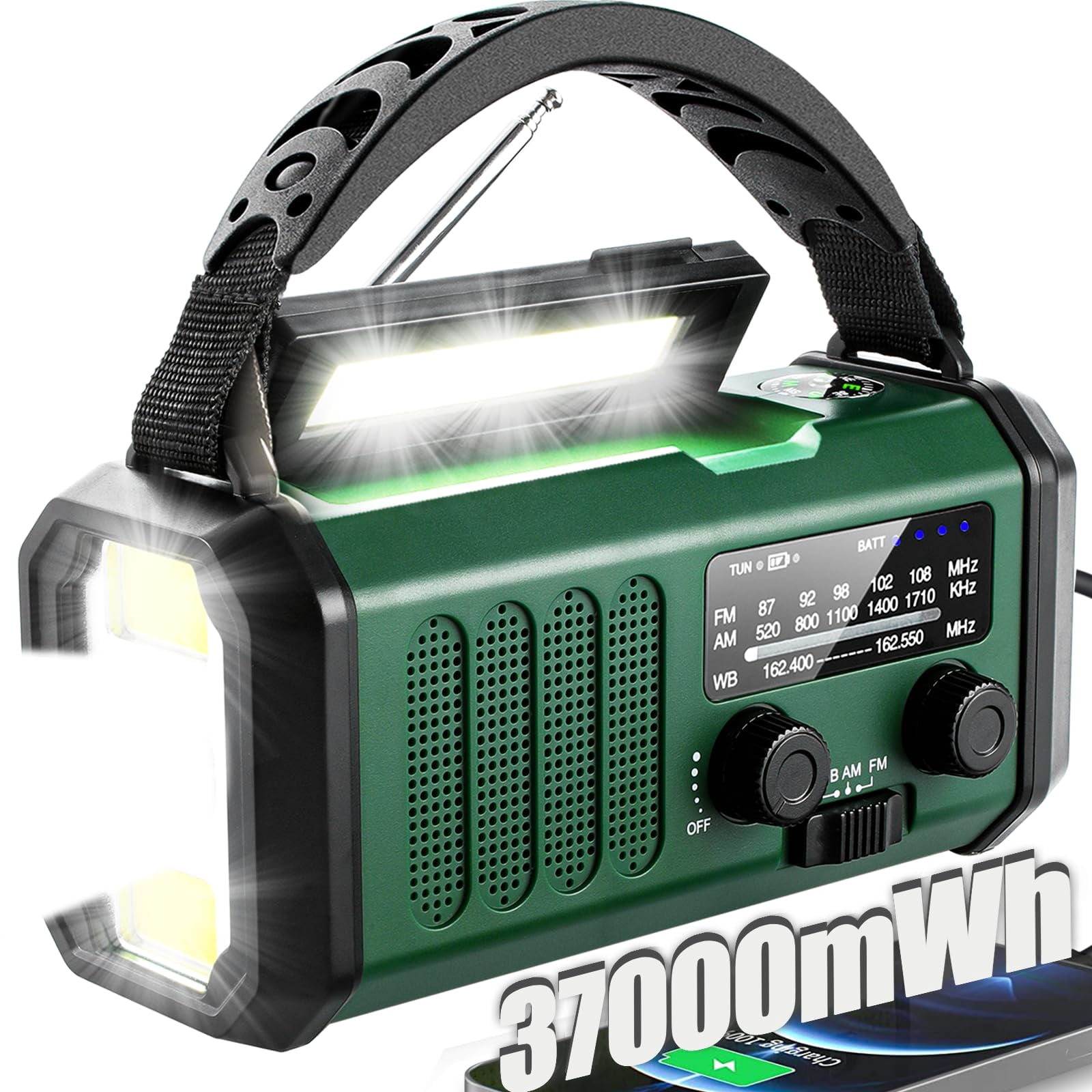 Hand Crank Emergency Radio 37000mwhsolar Portable Noaa Am Fm Weather With 3mode Flashlight And Reading Light Cell Phone Home Distress Signa