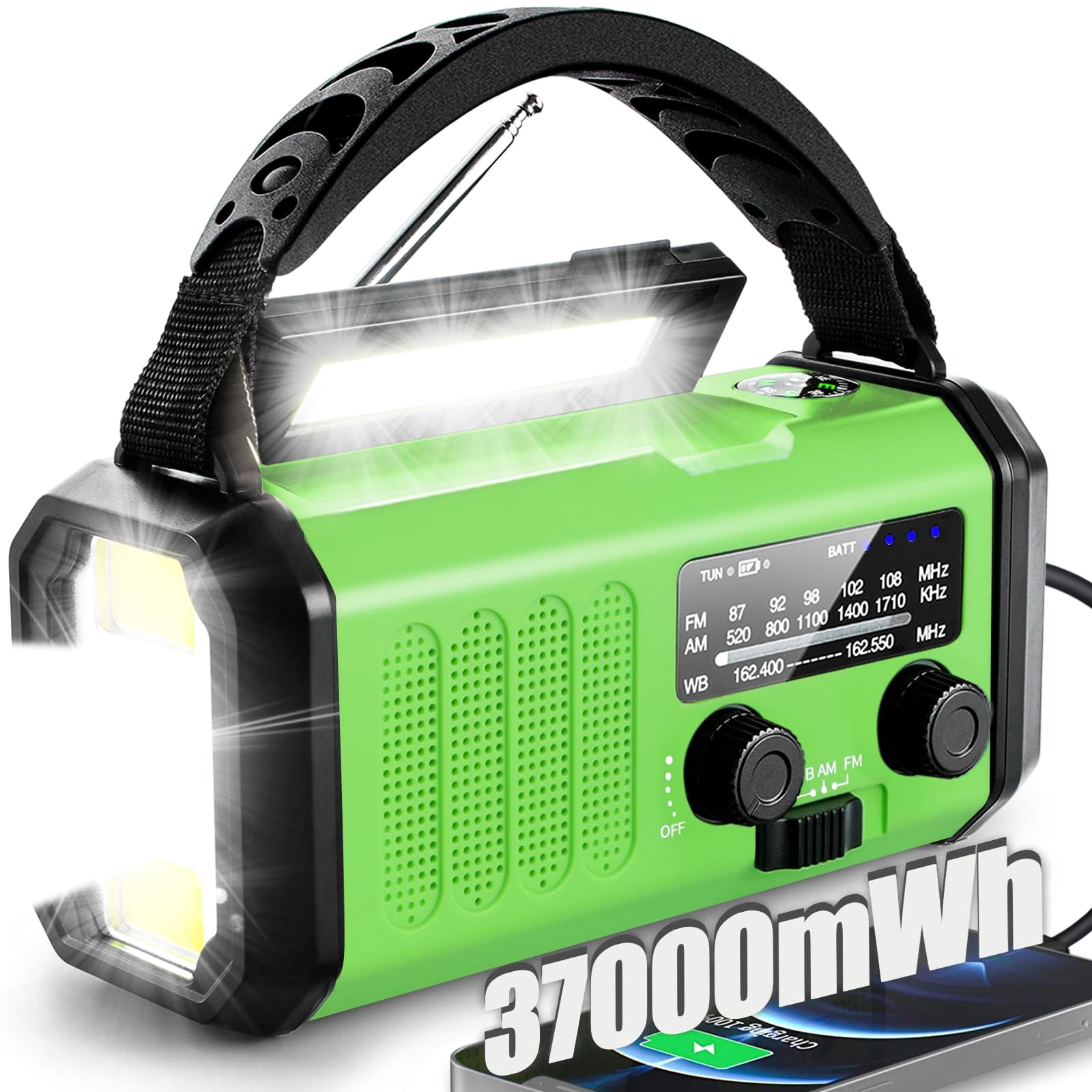 Hand Crank Emergency Radio 37000mwhsolar Portable Noaa Am Fm Weather With 3mode Flashlight And Reading Light Cell Phone Home Distress Signal (green)