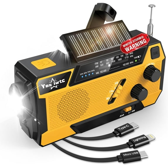 Hand Crank Emergency Radio 7400mWh (2000mAh) Solar Built in 3 Charging Cables AM/FM/NOAA Weather Battery Operated Charger for Supplies Survival Gear