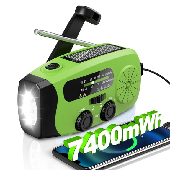 Hand Crank Emergency Radio,7400mWh NOAA/AM/FM Portable Radio,Solar Emergency Radio,Weather Alert,Flashlight for Emergency,Power Bank Cellphone Charger(Green)