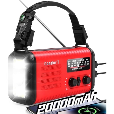 Hand Crank Emergency Radio, NOAA Weather Radio with AM/FM & Solar Radio, 20000MAH Rechargeable Battery Powered, Cell Phone Charging, Flashlight Reading Lamp Headphone Jack, SOS Alarm for Emergency