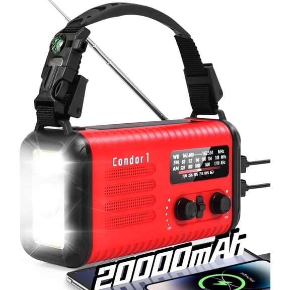 Hand Crank Emergency Radio, NOAA Weather Radio with AM/FM & Solar Radio, 20000MAH Rechargeable Battery Powered, Cell Phone Charging, Flashlight Reading Lamp Headphone Jack, SOS Alarm for Emergency