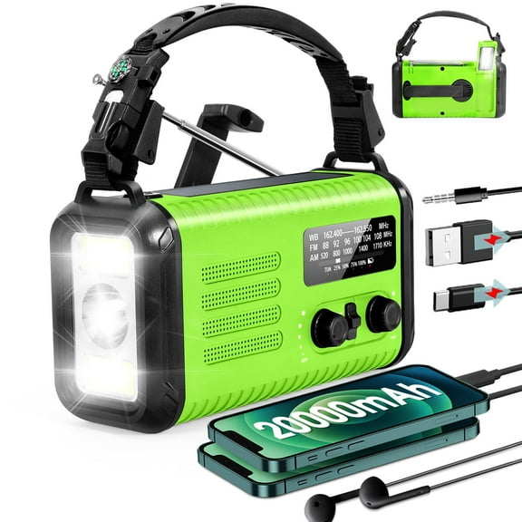 Hand Crank Emergency Radio, NOAA Weather Radio with AM/FM & Solar Radio, 20000MAH Rechargeable Battery Powered, Cell Phone Charging, Flashlight Reading Lamp Headphone Jack, SOS Alarm for Emergency