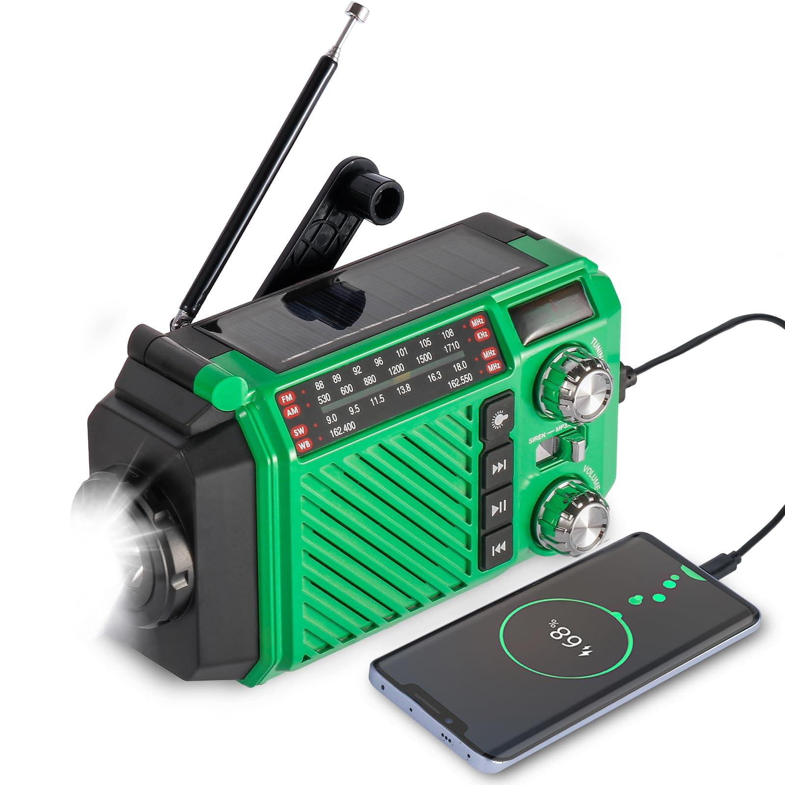 Hand Crank Emergency Weather Radio With 2600mah/9620mwh Power  Noaa Am Fm Shortwave Portable Solar & Usb-c Charging Flashlight Sos Alarm For Kits (green)