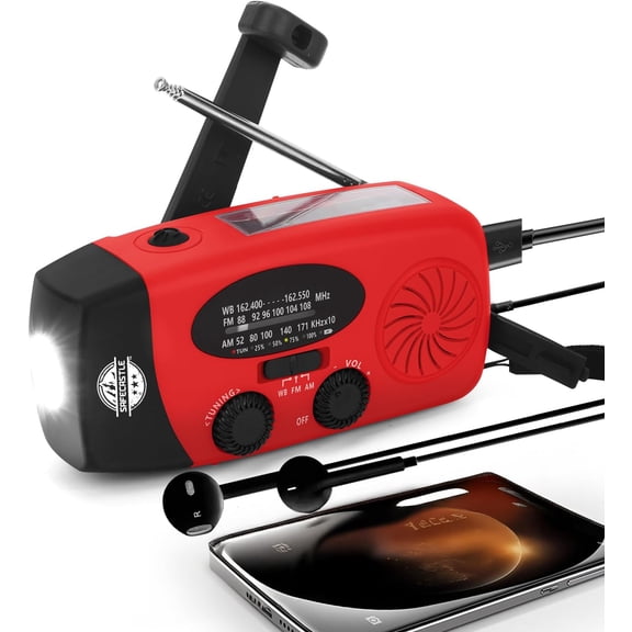 Hand Crank Emergency Weather Radio with LED Flashlight, 2000mAh Power Bank Phone Charger, AM/FM NOAA Radio, Solar & USB Rechargeable Portable Survival Radio for Camping, Hurricane & Emergency