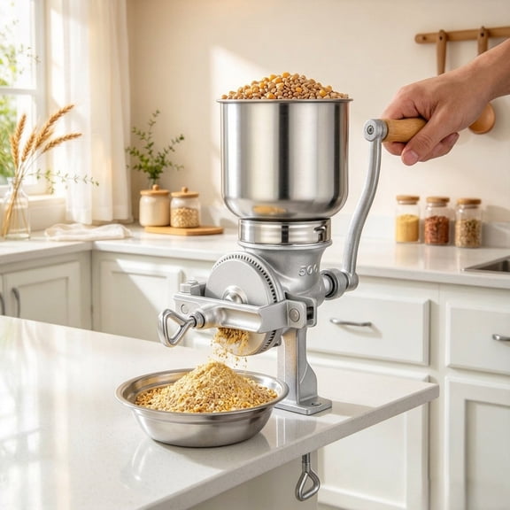 Hand Crank Grain Grinder, Manual Grain Mill with Adjustable Grinding Thickness, Aluminum Alloy Flour Mill for Corn, Wheat, Rice, Home Use, Silver