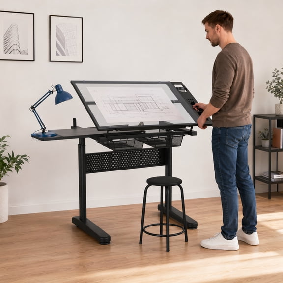 Hand Crank Height Adjustable Drafting Table with Stool 0‑75° Tilting Tempered Glass Drawing Desk with 2 Metal Drawers & Extended Side Tabletop Artist Drafting Workstation for Design Writing Crafting