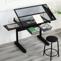 Hand Crank Operated Drafting Desk With 2 Metal Drawers, Stool & Adjustable Height - Extended Desktop Black Table Tiltable And Drawers In  