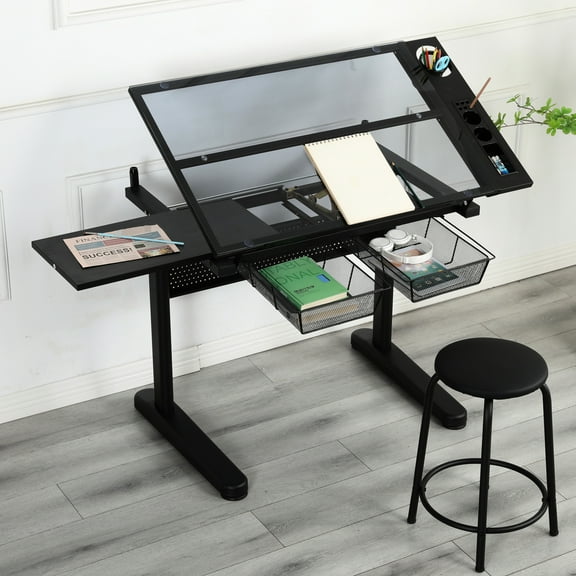 Hand Crank Operated Drafting Desk With 2 Metal Drawers, Stool & Adjustable Height - Extended Desktop Black Table Tiltable And Drawers In +