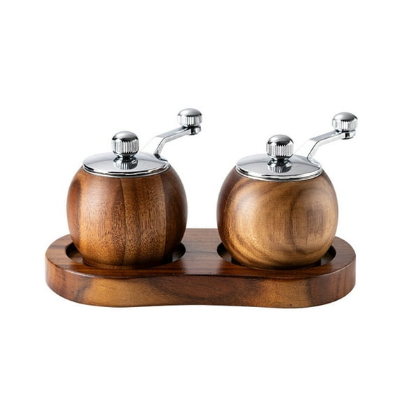 Hand Crank Pepper Grinder Seasoning Jar - Set of 2 with Wooden Tray,Nature Colored