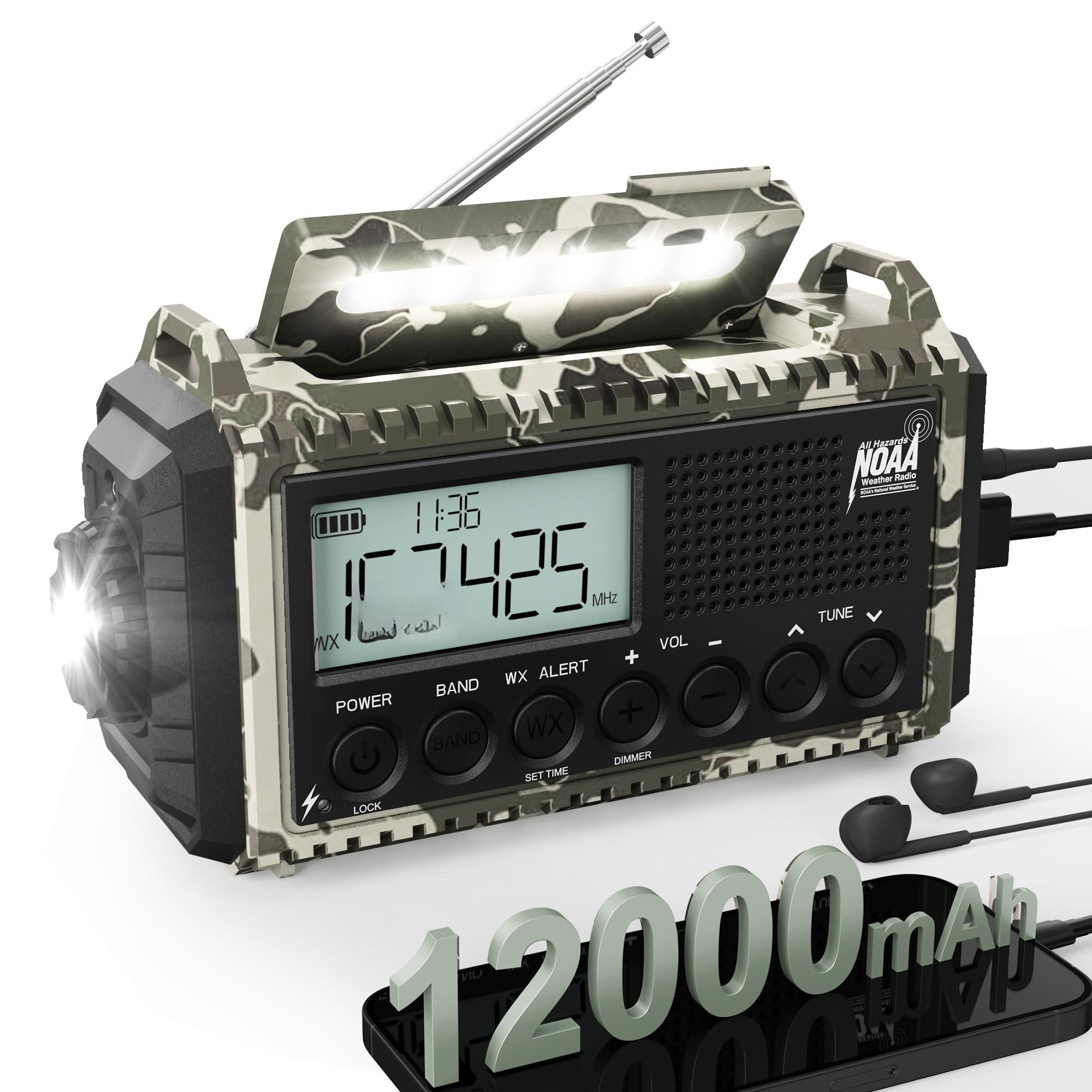 Hand Crank Solar Emergency Radio With 2x Faster Clear Signal& 12000mah Operated Auto Noaa Weather Alert/sw/am/fm Portable 6-way Power Flashlight  Phone Sos Alarm