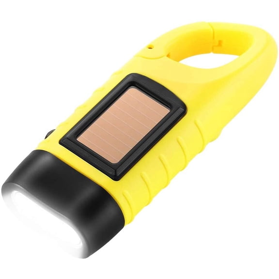 Hand Crank Solar Flashlight, Rechargeable Emergency Flashlight, with ClipQuick Release Back Clip Backpack Flashlight Torch Outdoor Camping Rock Climbing Hiking (Yellow)