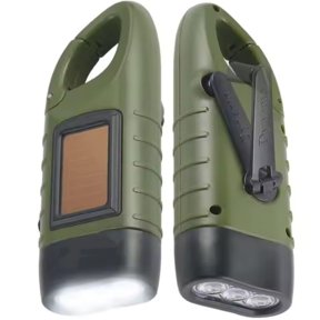 Hand Crank Solar Powered Flashlight, Emergency Rechargeable LED Survival Flashlight with Dynamo Crank and Carbiner Clip. Solar Rechargeable No Batteries Req. Go Bag Supplies. Green