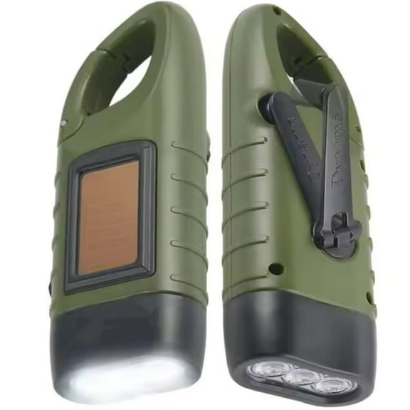 Hand Crank Solar Powered Flashlight, Emergency Rechargeable LED Survival Flashlight with Dynamo Crank and Carbiner Clip. Solar Rechargeable No Batteries Req. Go Bag Supplies. Green