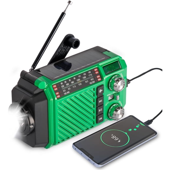 Hand Crank Weather Radio with 2600mAh/9620mWh Power , NOAA AM FM Shortwave Portable Radio, Solar & USB-C , Flashlight, SOS for Kits (Green)