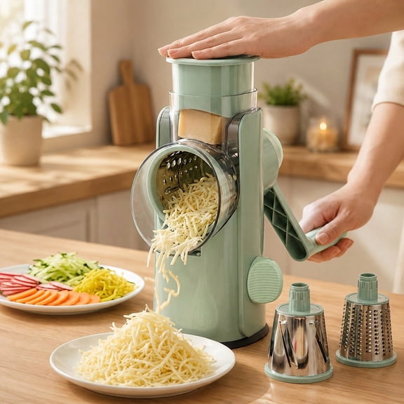 Hand-Crank and Vegetable Slicer with 3 Interchangeable Blades, Strong Suction Base, Round Mandoline Food Chopper for Kitchen Meal Prep
