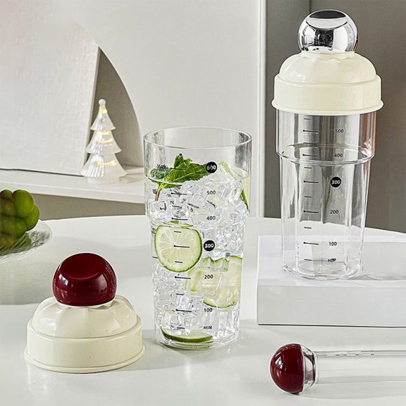 Hand Cranked Cocktail Shaker Set | Ice Crusher Tool - Graduated 600ml Mixer for Lemon Tea, Mojito, Milk Tea Shop | Red Silver | Plastic | 2 Piece | Accurate Scale