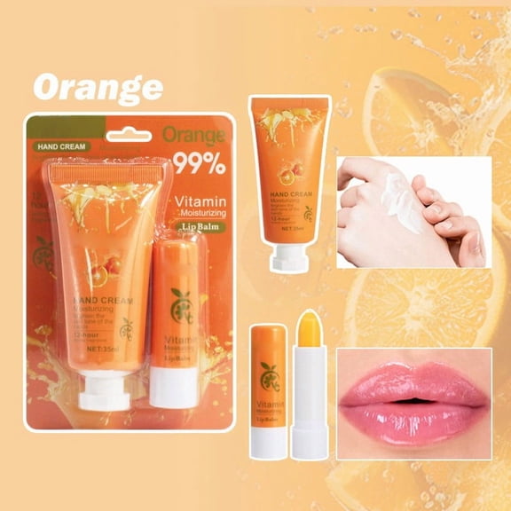 Hand Cream Lotion and Lip Balm Set, Soothes Chapped Lips and Dry Skin, Orange Moisturizing Lip Balm Stick and Hydrating Hand Cream Skincare Essentials for Women