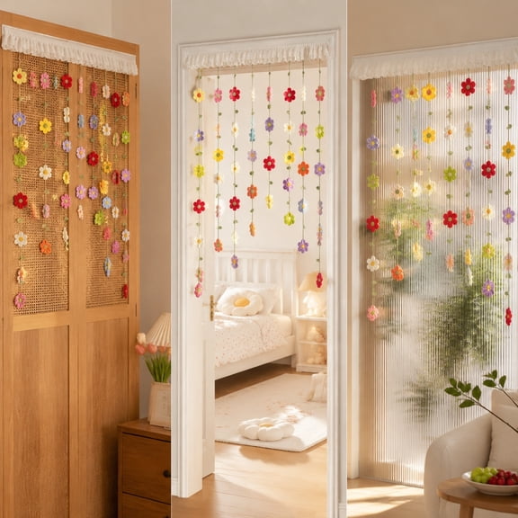 Hand Crochet Floral Door Curtain, Colorful Hanging Flower String Divider Lace Top Header Semi Transparent Partition, Woven Flower Valance for Bedroom Doorway Window Wall Decor