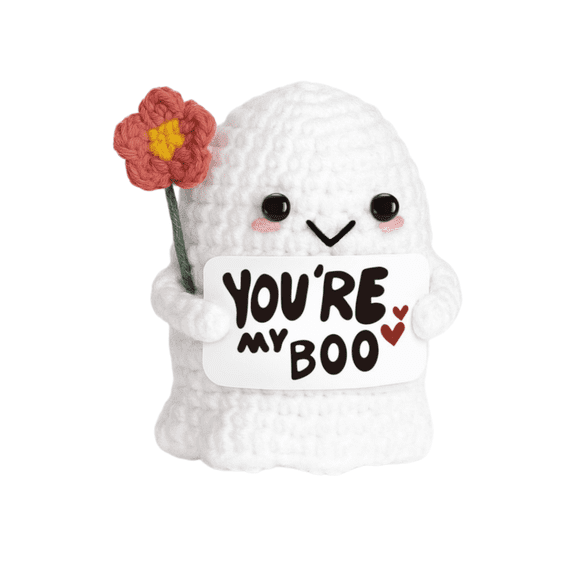 Hand Crochet Ghost Plush Gnome Boo, Halloween Home Decor with Message Card, Spooky Cute Ornament for Car Desk Shelf, Birthday Thanksgiving Gift